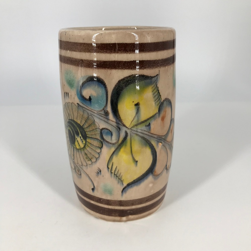 Tonala Mexican Pottery Cup Vase Hand Painted Flower Signed Blue Brown 5"